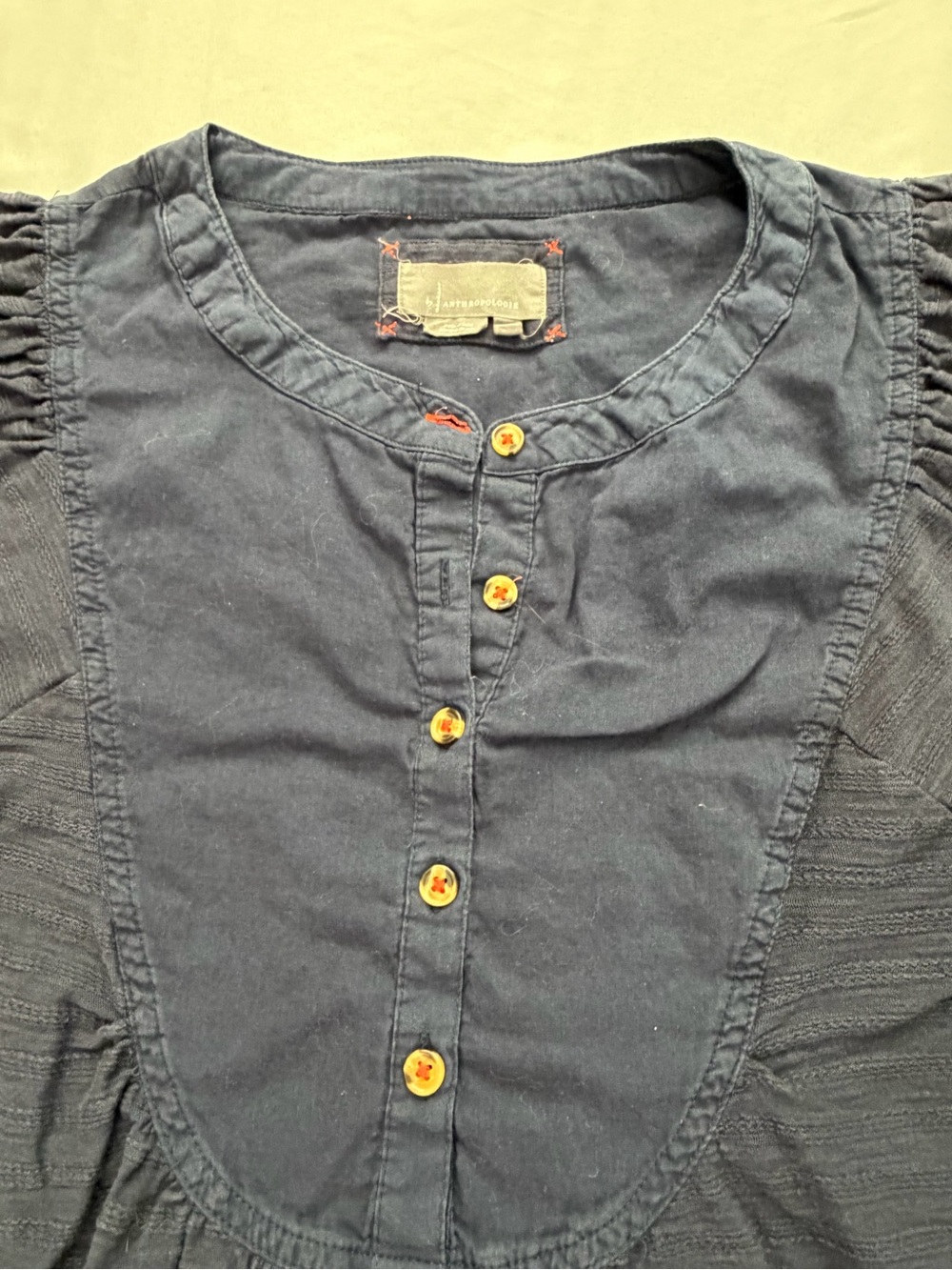 Anthropologie Navy Button-Front Puff Sleeve Blouse - Picture 4 of 5